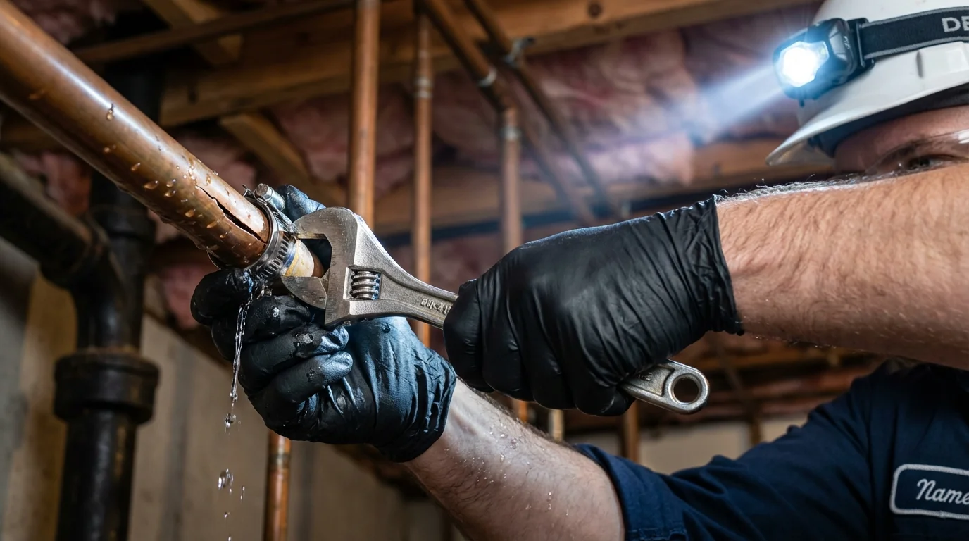 Emergency pipe clamp repair being performed by a Johns Plumbing LLC plumber in Barataria