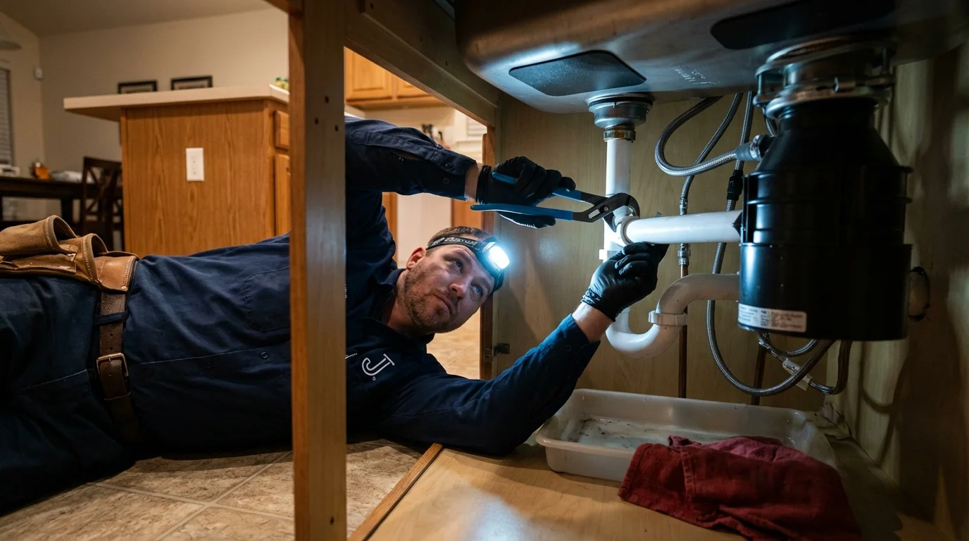 P-trap and supply line connections under a kitchen sink showing a common leak point in Barataria, LA